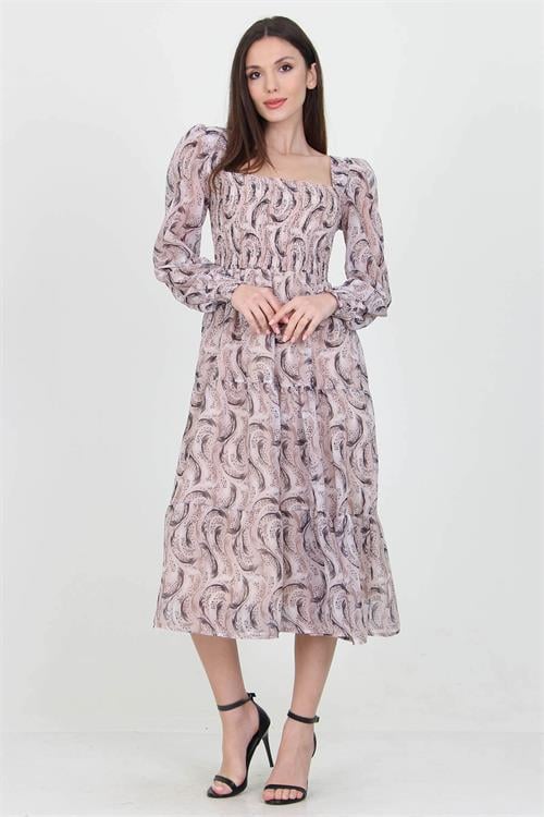 Dipmoda kadın bej desenli kare yaka gipeli şifon elbise NB100361 