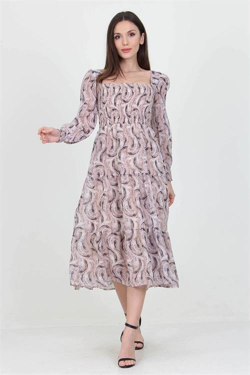 Dipmoda kadın bej desenli kare yaka gipeli şifon elbise NB100361 