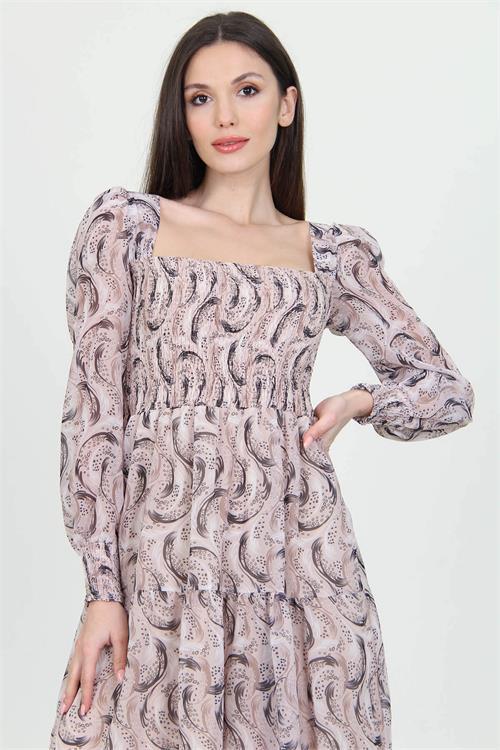 Dipmoda kadın bej desenli kare yaka gipeli şifon elbise NB100361 