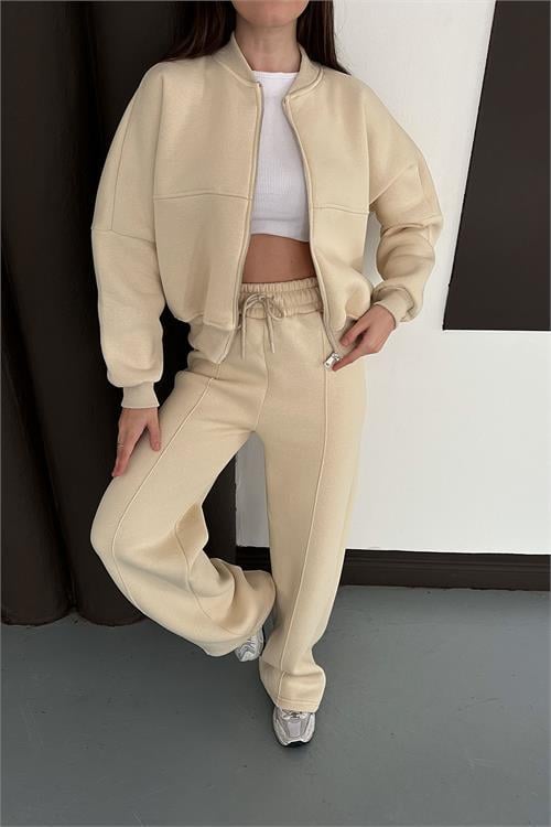 Dipmoda kadın bej fermuarlı 3 iplik eşofman takımı DPESF01