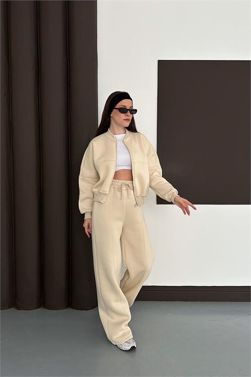 Dipmoda kadın bej fermuarlı 3 iplik eşofman takımı DPESF01