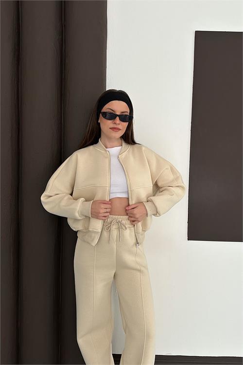Dipmoda kadın bej fermuarlı 3 iplik eşofman takımı DPESF01
