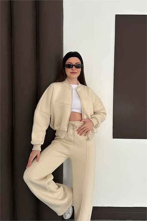 Dipmoda kadın bej fermuarlı 3 iplik eşofman takımı DPESF01