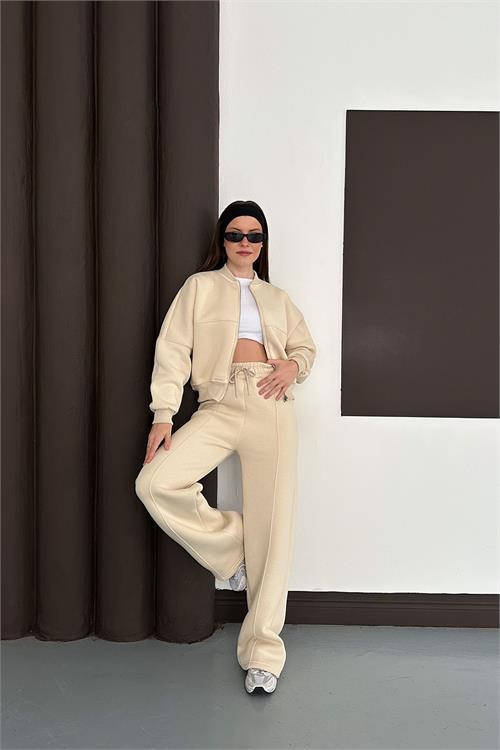Dipmoda kadın bej fermuarlı 3 iplik eşofman takımı DPESF01