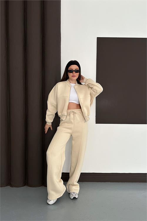 Dipmoda kadın bej fermuarlı 3 iplik eşofman takımı DPESF01