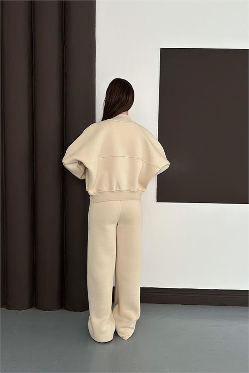 Dipmoda kadın bej fermuarlı 3 iplik eşofman takımı DPESF01