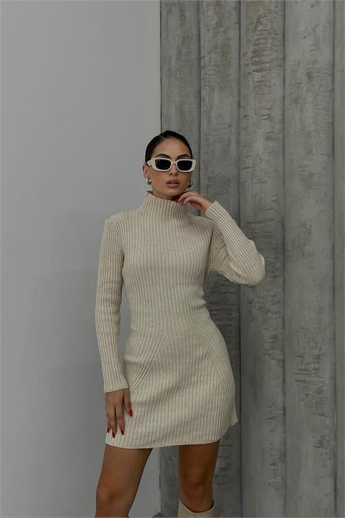 Dipmoda kadın bej fitilli mini triko elbise NBDM1208 