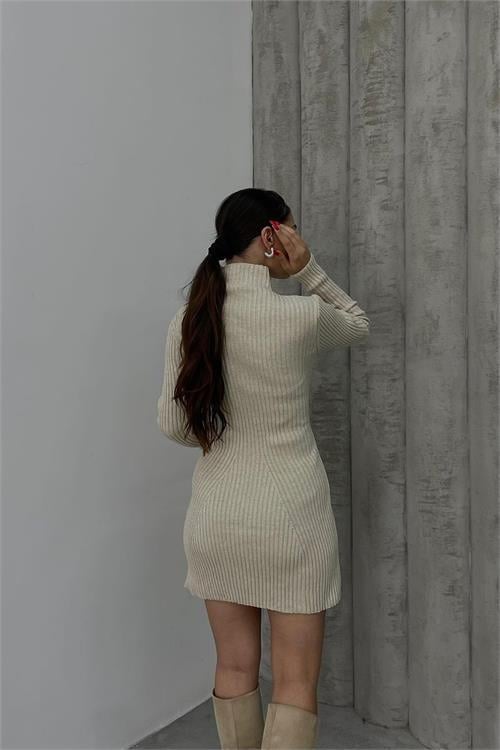 Dipmoda kadın bej fitilli mini triko elbise NBDM1208 
