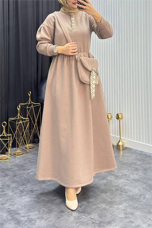 Dipmoda kadın bej gold düğmeli çanta detaylı tam boy tesettür elbise NMS077
