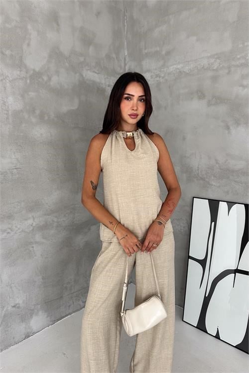 Dipmoda kadın bej halter yaka kolsuz ikili yazlık premium takım DPK4647