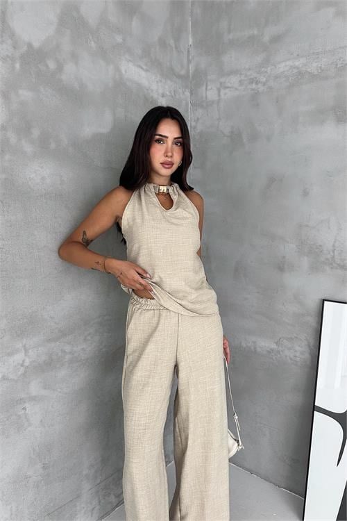 Dipmoda kadın bej halter yaka kolsuz ikili yazlık premium takım DPK4647