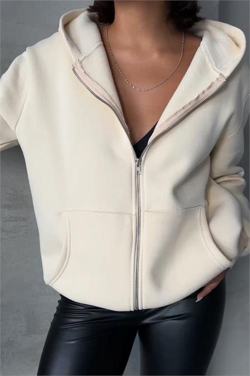 Dipmoda kadın bej kapuşonlu içi pamuklu sweat NBG030 