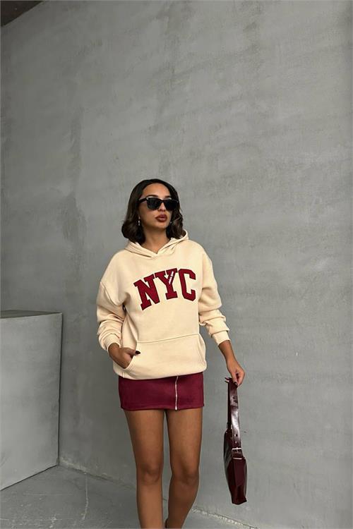 Dipmoda kadın bej kapuşonlu içi polar nakışlı sweat NBG033