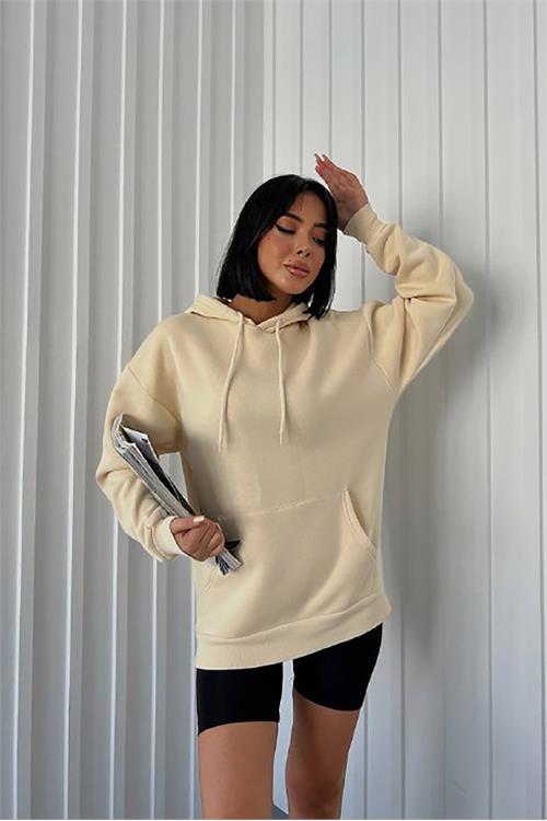 Dipmoda kadın bej kapüşonlu kanguru cepli üç iplik sweatshirt FVR002 