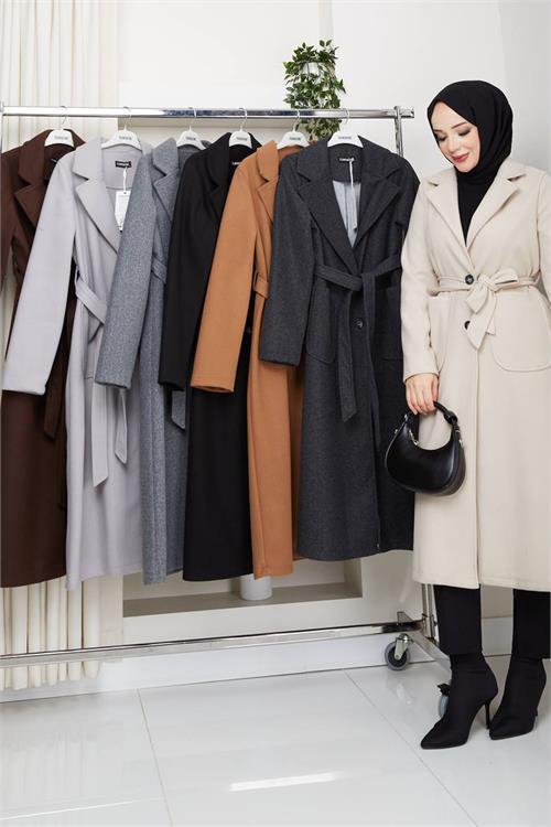 Dipmoda kadın bej kuşaklı düğmeli cepli astarsız kaşe kaban DPFT002