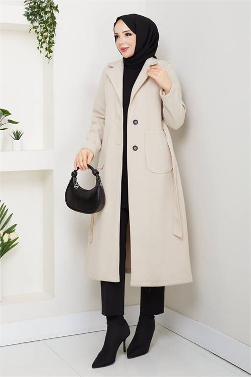Dipmoda kadın bej kuşaklı düğmeli cepli astarsız kaşe kaban DPFT002