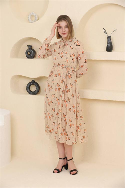 Dipmoda kadın bej kuşaklı midi boy elbise RSSN36 