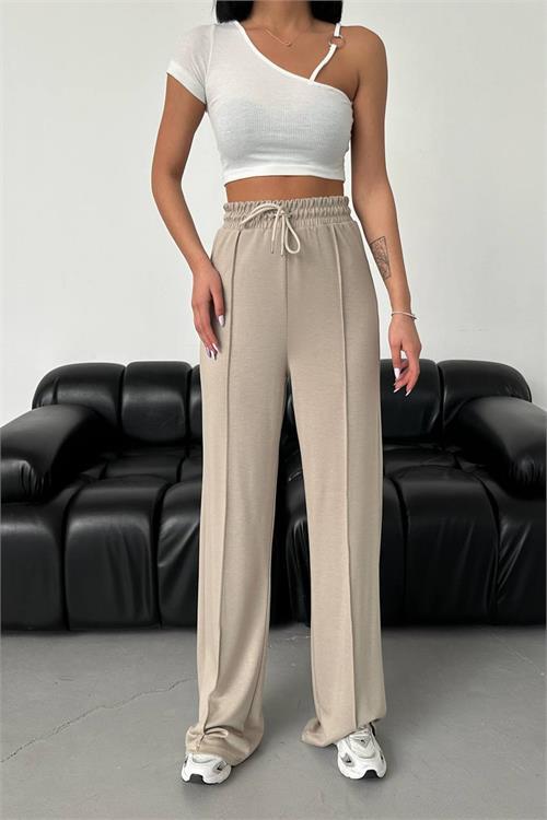 Dipmoda kadın bej modal kumaş bol paça pantolon NBG003 