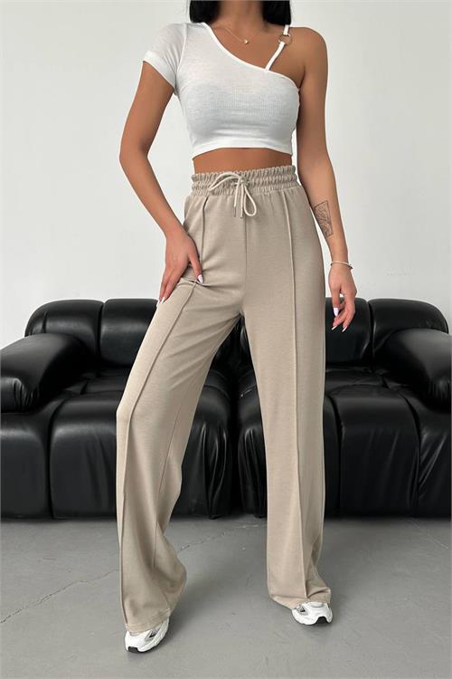 Dipmoda kadın bej modal kumaş bol paça pantolon NBG003 