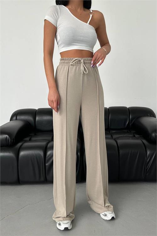 Dipmoda kadın bej modal kumaş bol paça pantolon NBG003 