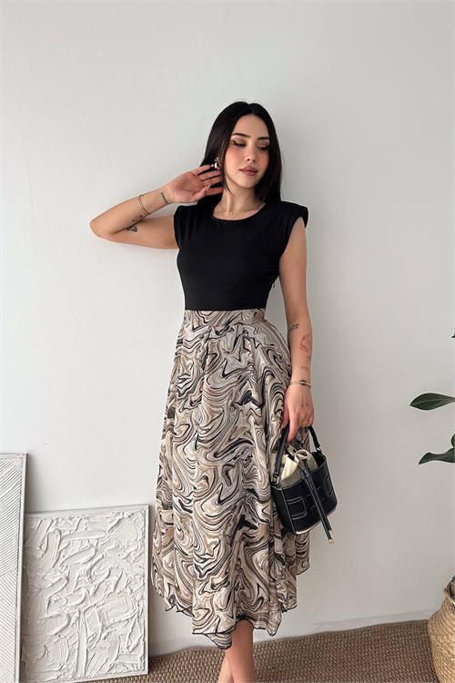 Dipmoda kadın bej modern kesim vatkalı asimetrik kesim mermer desen elbise DPK4593