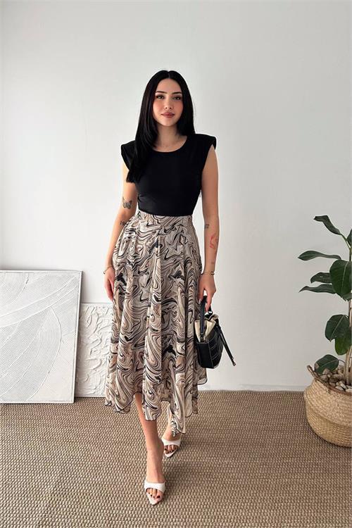 Dipmoda kadın bej modern kesim vatkalı asimetrik kesim mermer desen elbise DPK4593