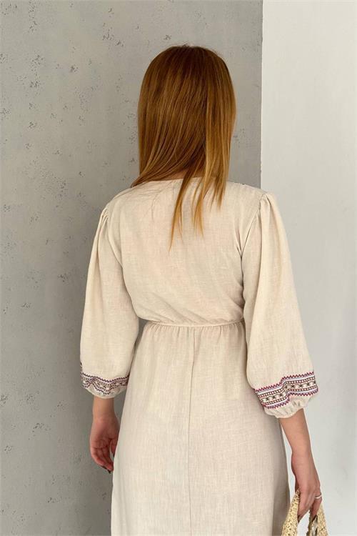 Dipmoda kadın bej nakışlı midi boy keten elbise NBK2014 
