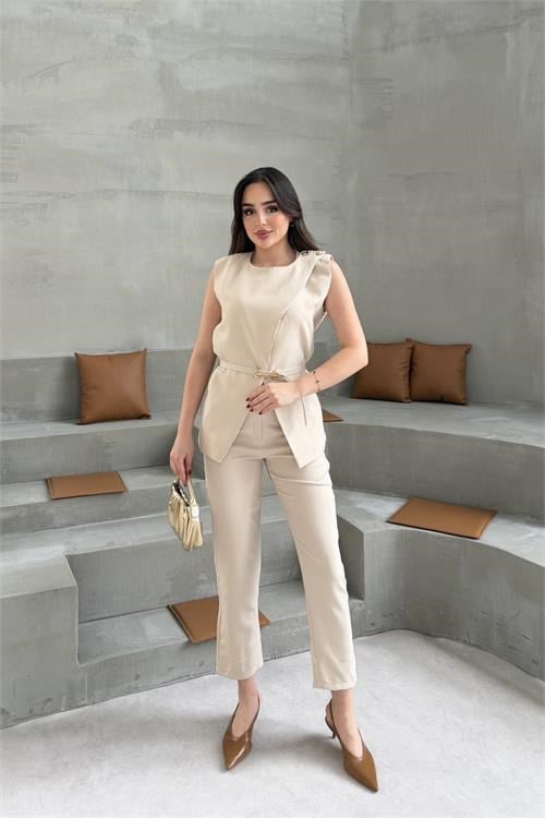 Dipmoda kadın bej omuz düğme detaylı kolsuz blazer pantolon takım ---DPTKM4061