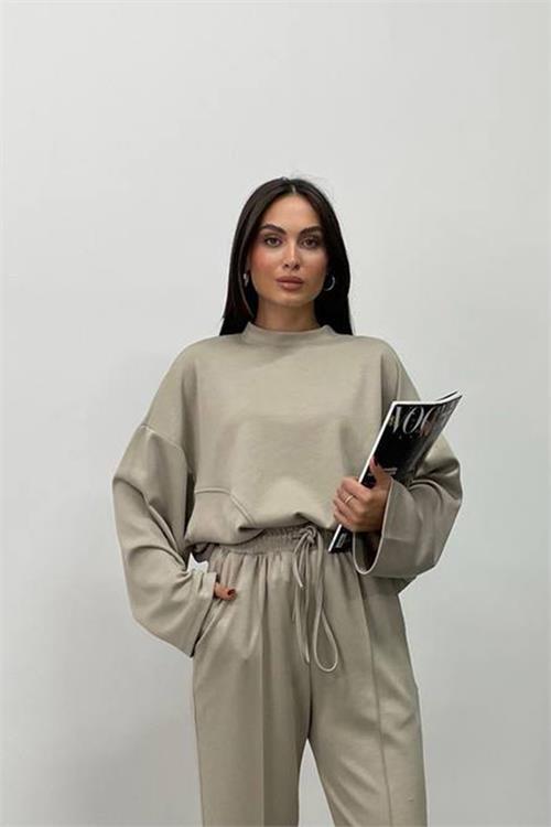 Dipmoda kadın bej oversize alt üst eşofman takımı NBDM002