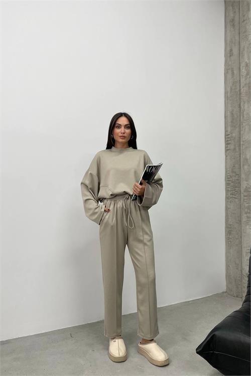 Dipmoda kadın bej oversize alt üst eşofman takımı NBDM002