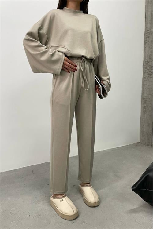 Dipmoda kadın bej oversize alt üst eşofman takımı NBDM002