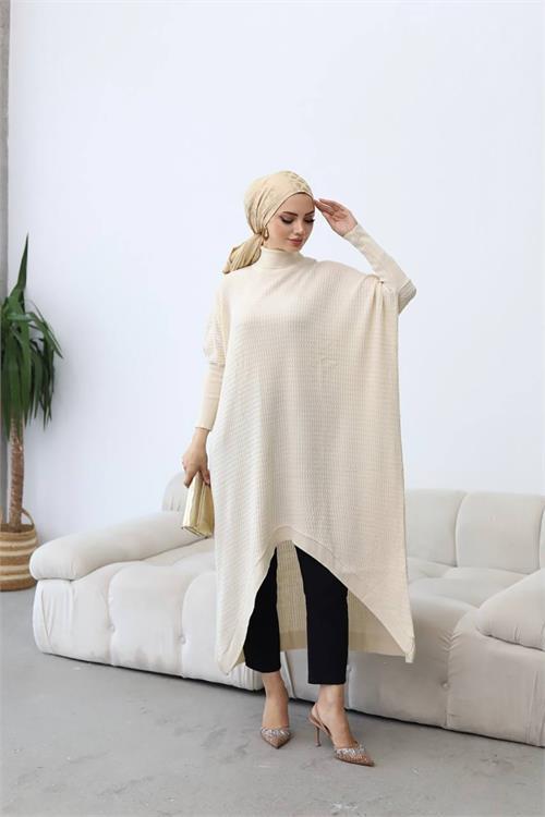 Dipmoda kadın bej oversize asimetrik tesettür elbise NMS013 