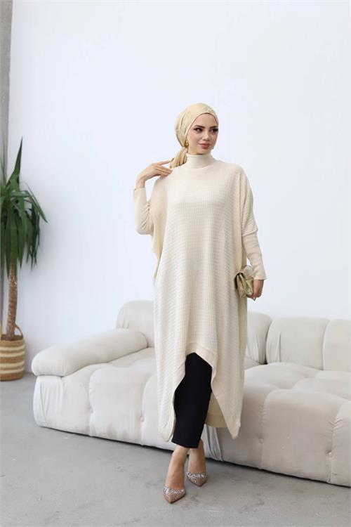 Dipmoda kadın bej oversize asimetrik tesettür elbise NMS013 