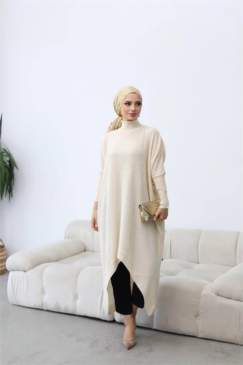 Dipmoda kadın bej oversize asimetrik tesettür elbise NMS013 