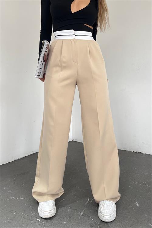 Dipmoda kadın bej palazzo cepli pantolon QNS037 