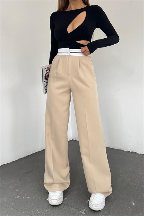 Dipmoda kadın bej palazzo cepli pantolon QNS037 