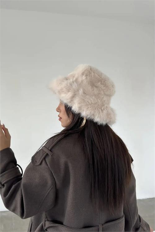 Dipmoda kadın bej peluş kalpak şapka DPAKS001