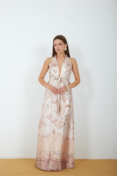 Dipmoda kadın bej saten kumaş yırtmaçlı çiçek desen bağlamalı maxi elbise DPMY4109