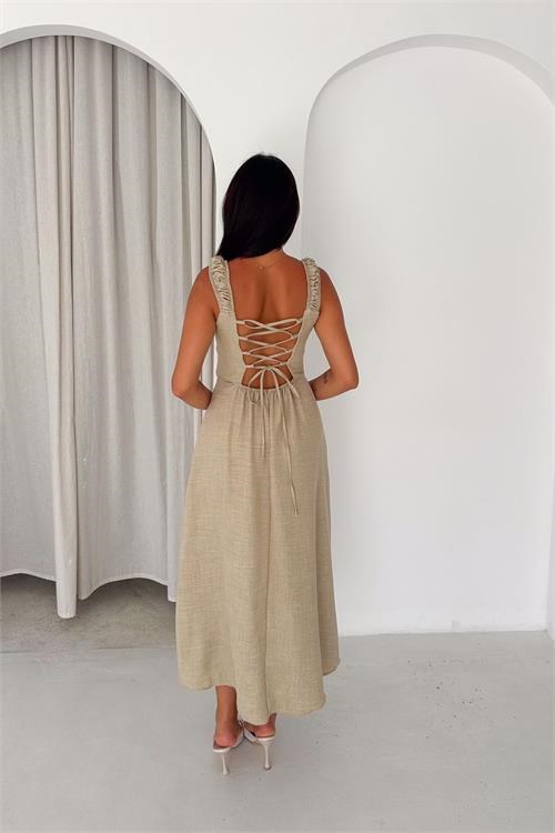 Dipmoda kadın bej sırt bağcıklı askılı midi boy kare yaka elbise DPK4672