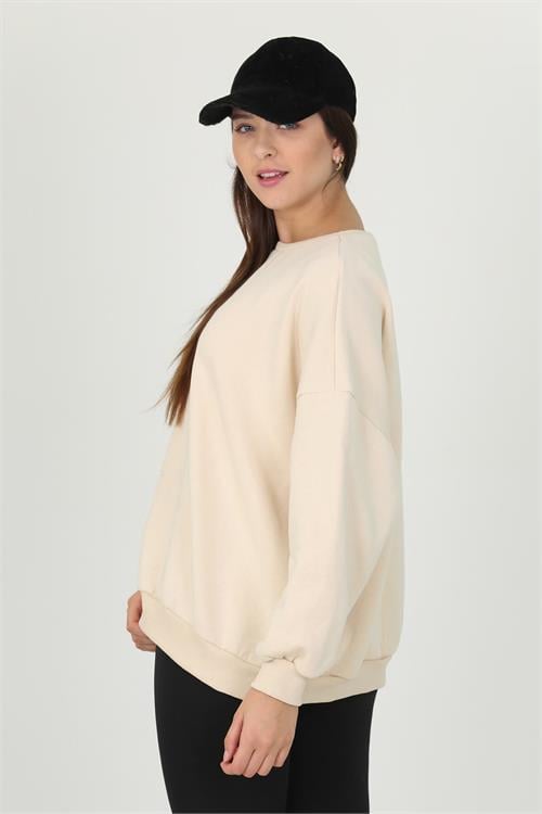 Dipmoda kadın bej üç iplik oversize bisiklet yaka şardonlu sweatshirt FVR001 