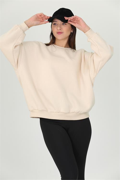 Dipmoda kadın bej üç iplik oversize bisiklet yaka şardonlu sweatshirt FVR001 