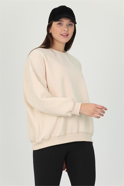 Dipmoda kadın bej üç iplik oversize bisiklet yaka şardonlu sweatshirt FVR001 