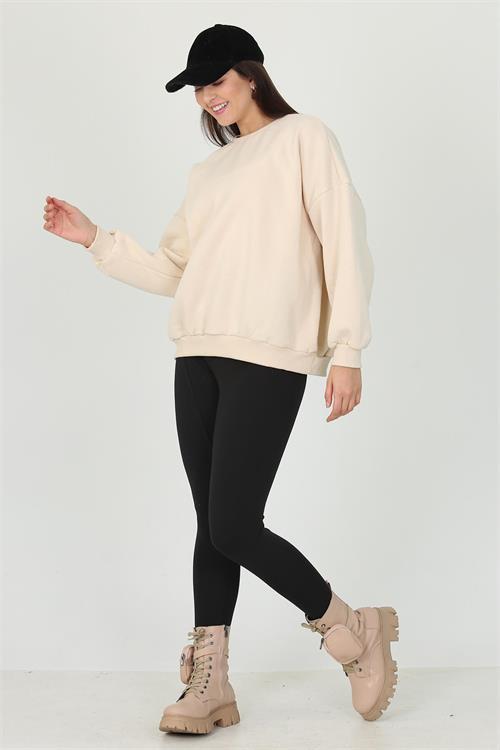 Dipmoda kadın bej üç iplik oversize bisiklet yaka şardonlu sweatshirt FVR001 