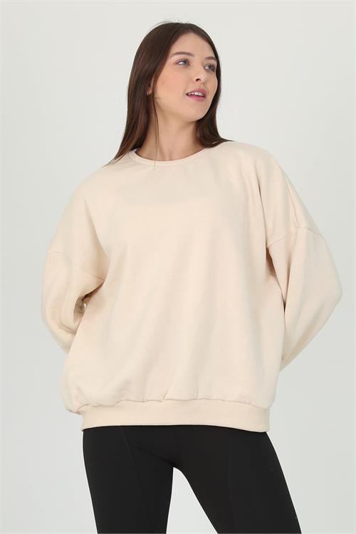 Dipmoda kadın bej üç iplik oversize bisiklet yaka şardonlu sweatshirt FVR001 