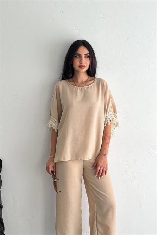 Dipmoda kadın bej yazlık alt üst ikili takım DPK4108