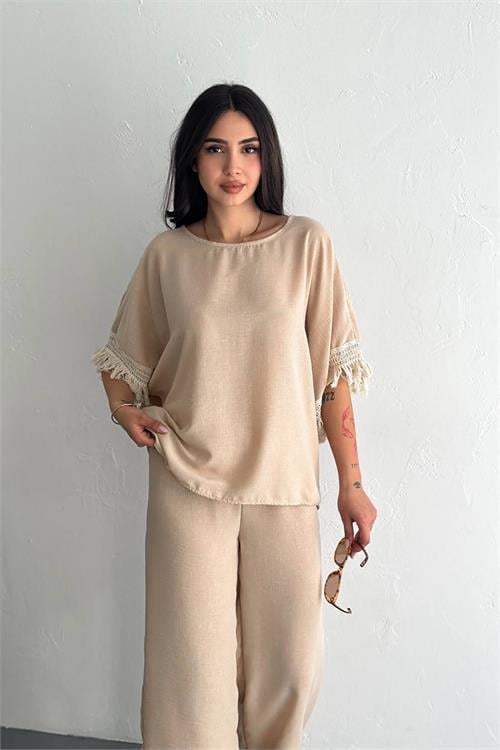 Dipmoda kadın bej yazlık alt üst ikili takım DPK4108