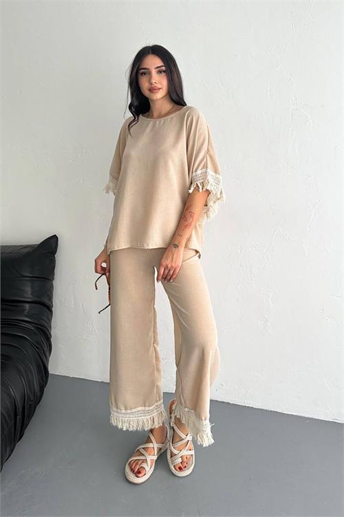 Dipmoda kadın bej yazlık alt üst ikili takım DPK4108