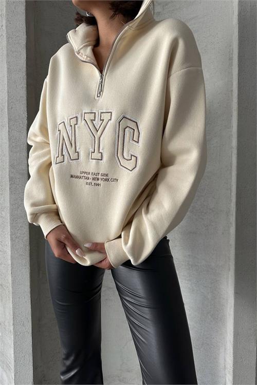Dipmoda kadın bej yüksek yaka içi pamuklu sweat NBG034 