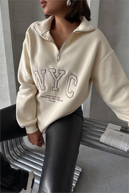 Dipmoda kadın bej yüksek yaka içi pamuklu sweat NBG034 