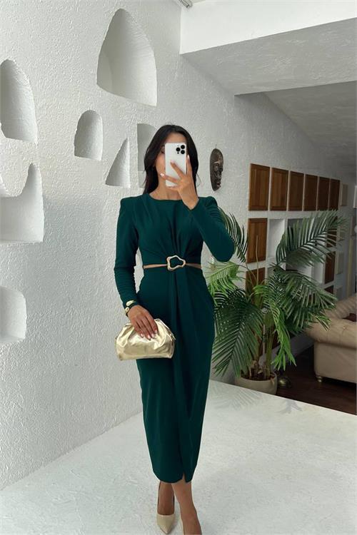 Dipmoda kadın bel dekolteli toka detaylı uzun kollu elbise DPMY3655